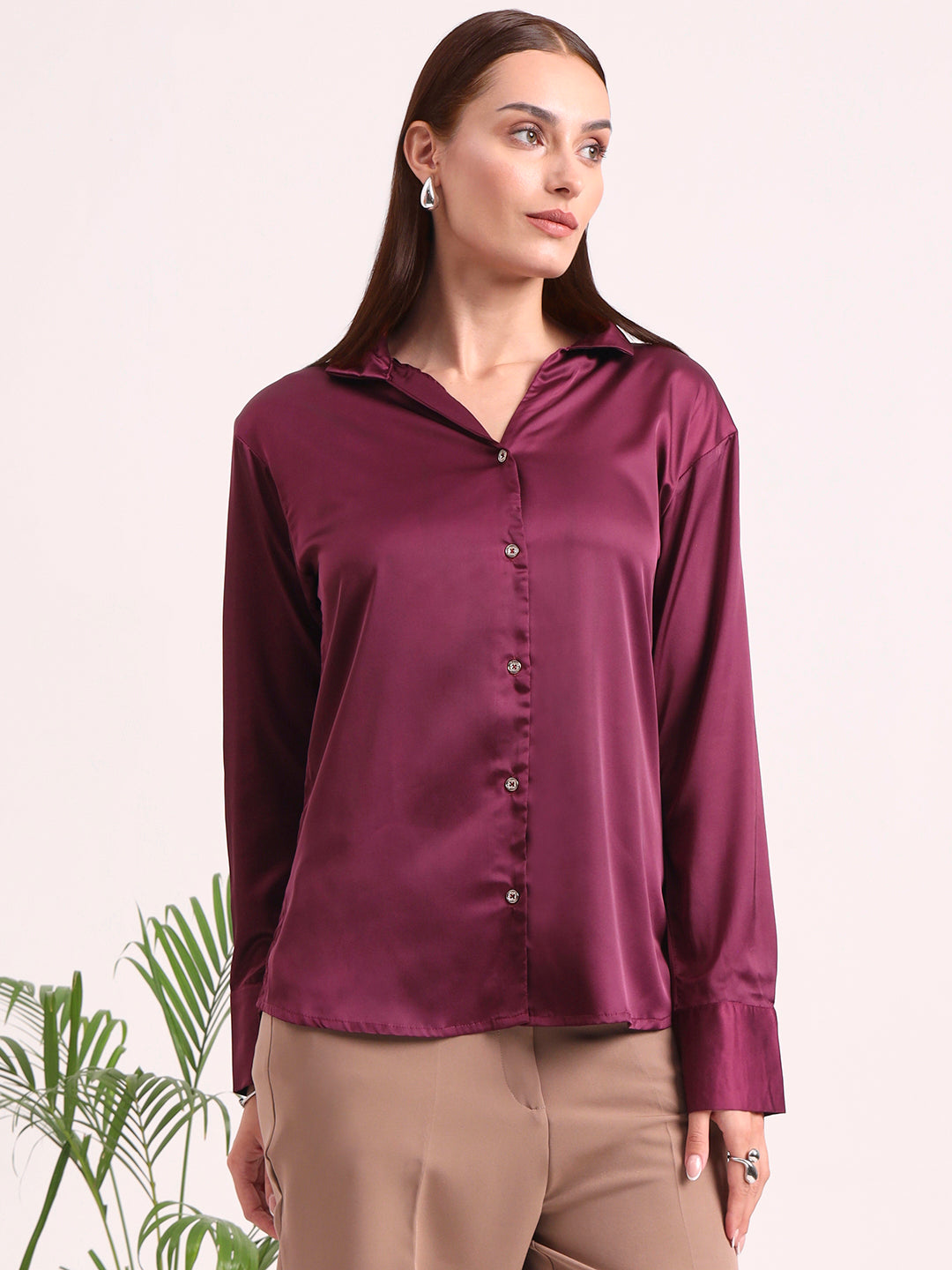 Women's European Satin Spread Collar Shirt