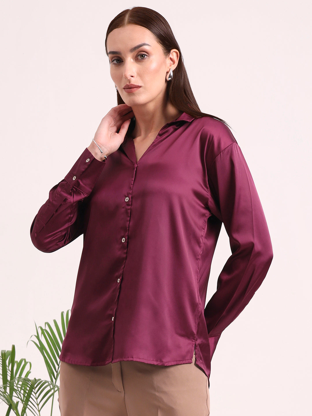 Women's European Satin Spread Collar Shirt