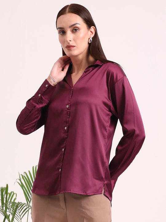 Women's European Satin Spread Collar Shirt