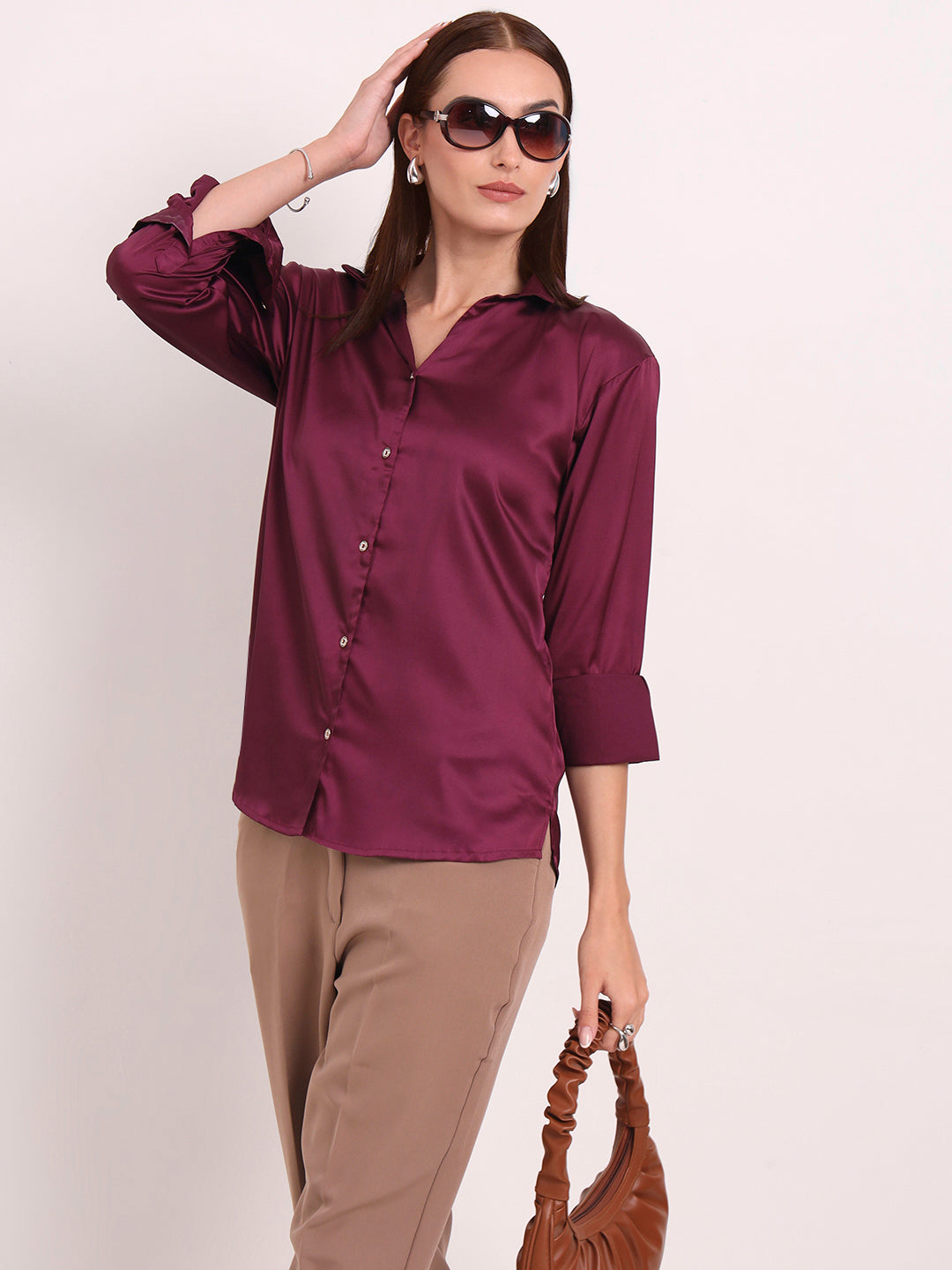 Women's European Satin Spread Collar Shirt