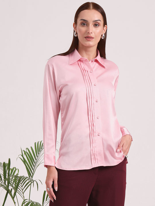 Tailored Fit European Satin Shirt With Pleated Placket