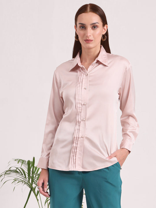 Tailored Fit European Satin Shirt With Pleated Placket