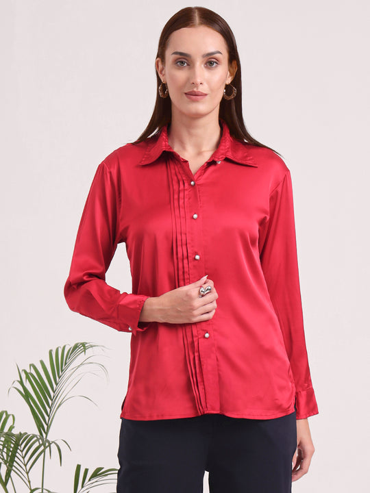 Tailored Fit European Satin Shirt With Pleated Placket