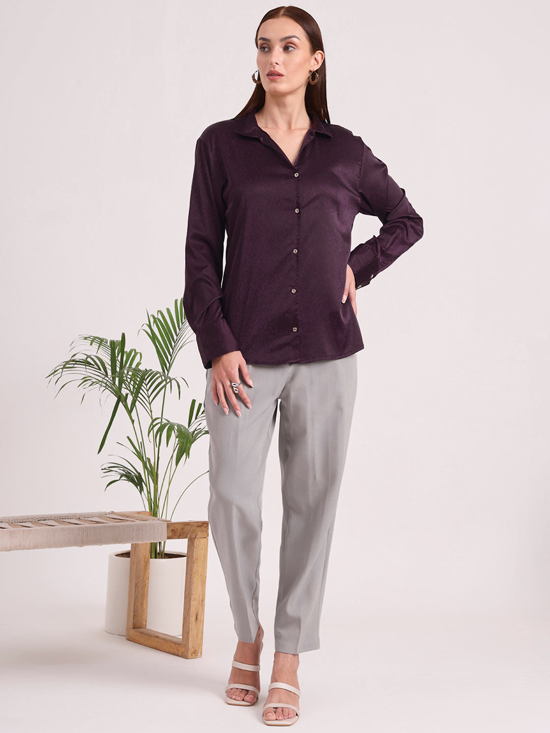 Women's European Satin Spread Collar Shirt