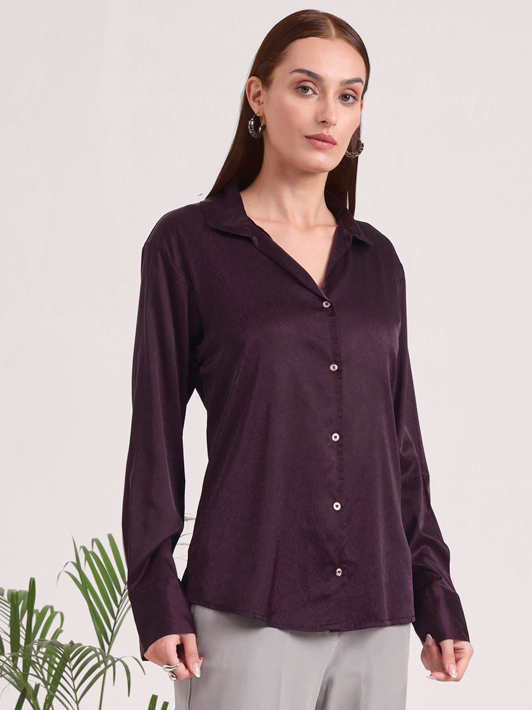 Women's European Satin Spread Collar Shirt