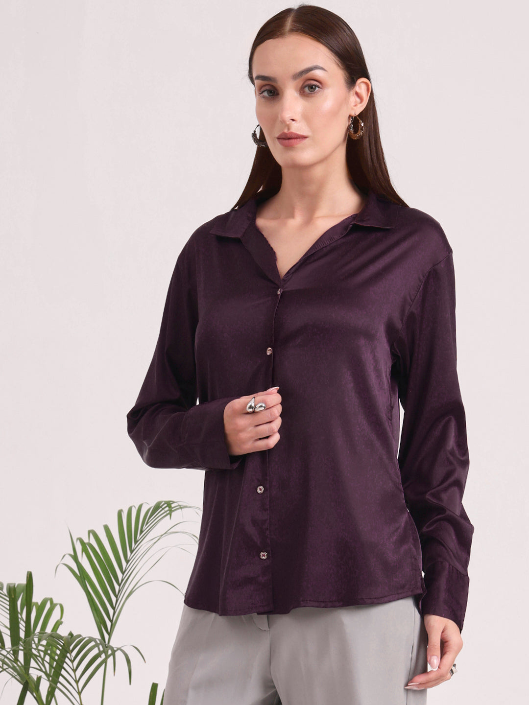 Women's European Satin Spread Collar Shirt