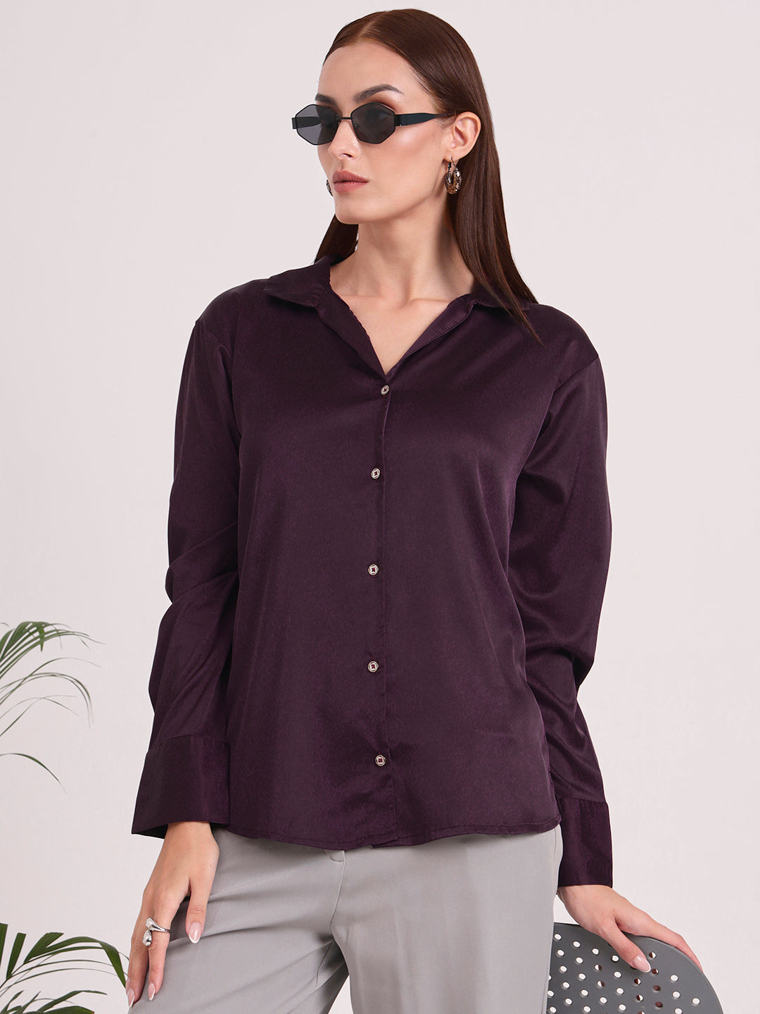 Women's European Satin Spread Collar Shirt