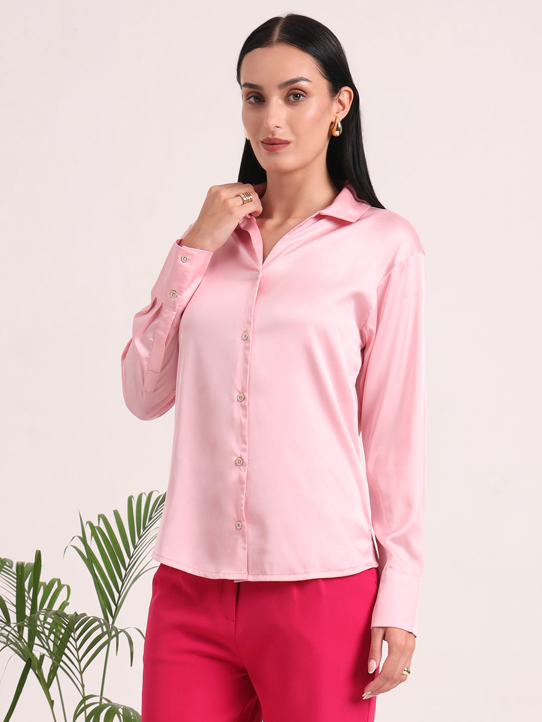 Women's European Satin Spread Collar Shirt