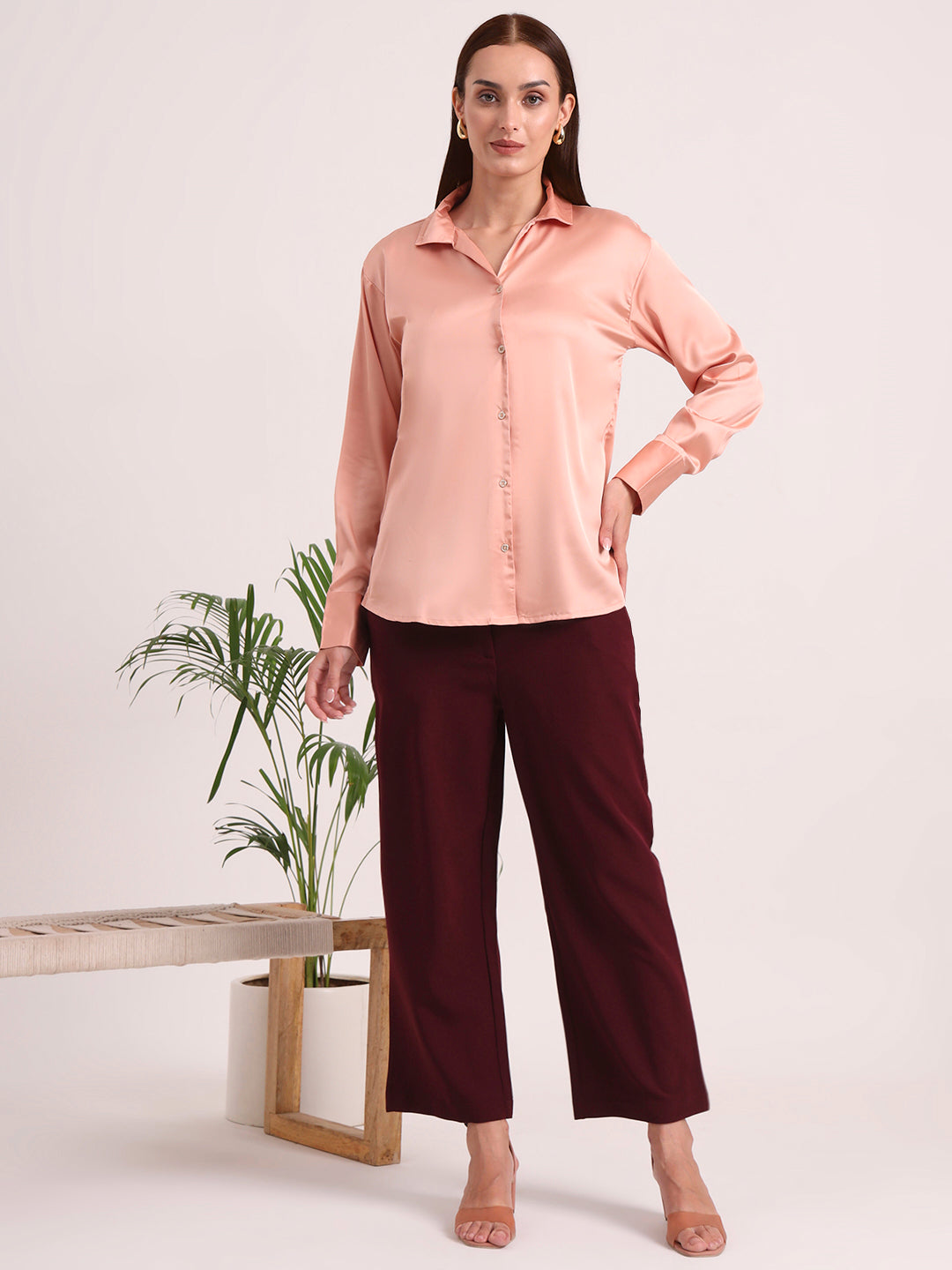 Women's European Satin Spread Collar Shirt