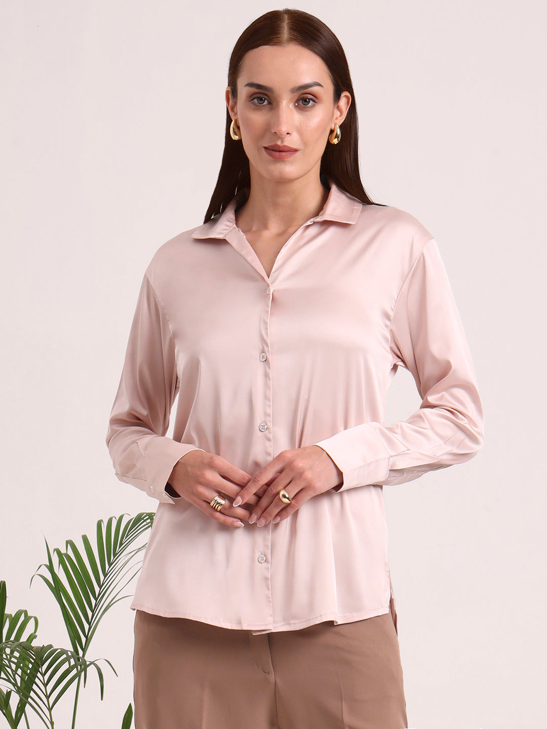 Women's European Satin Spread Collar Shirt