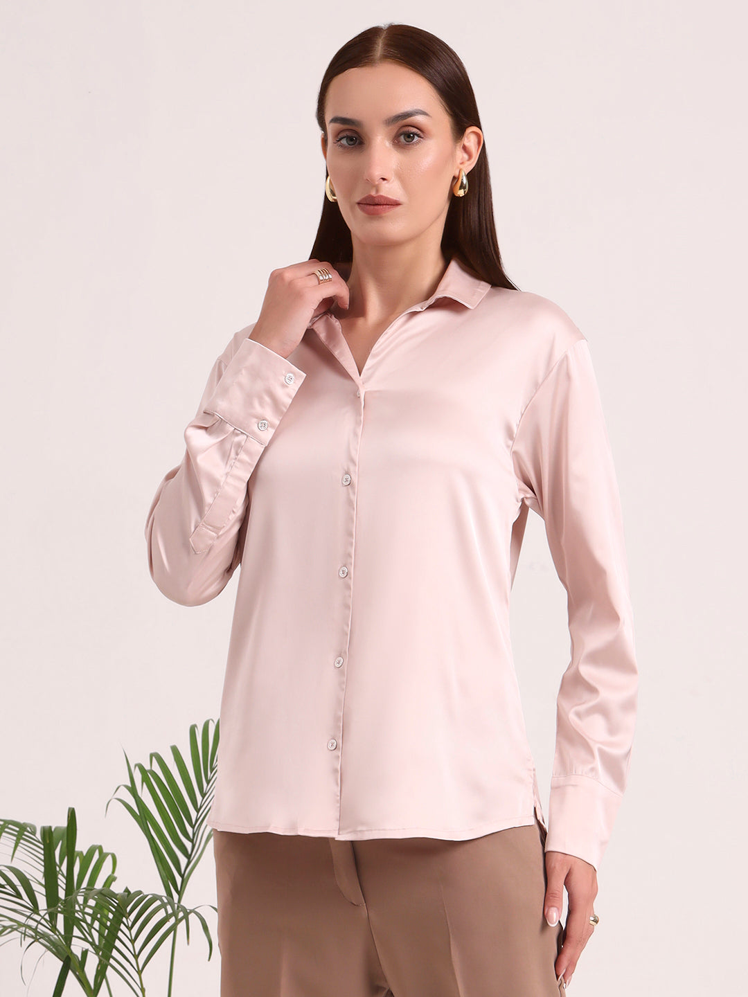 Women's European Satin Spread Collar Shirt