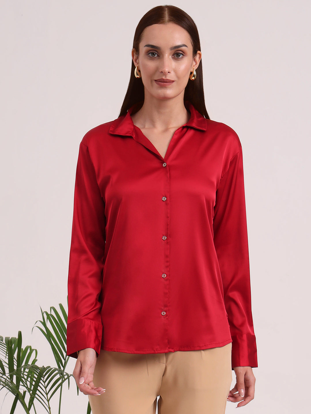 Women's European Satin Spread Collar Shirt