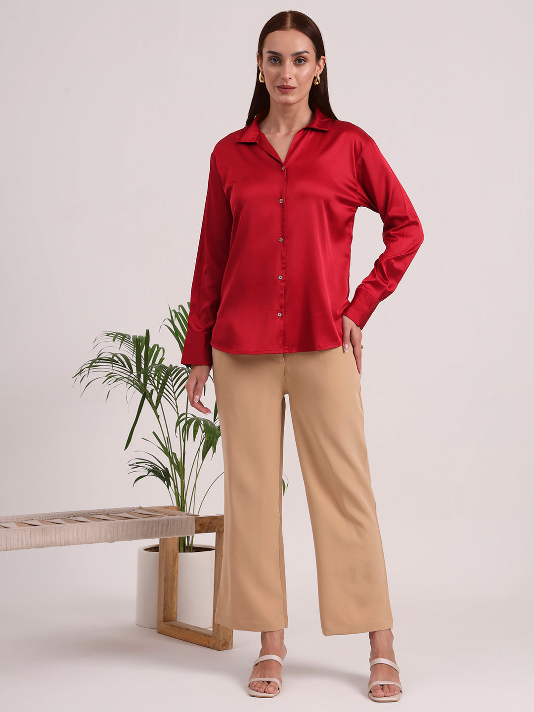 Women's European Satin Spread Collar Shirt