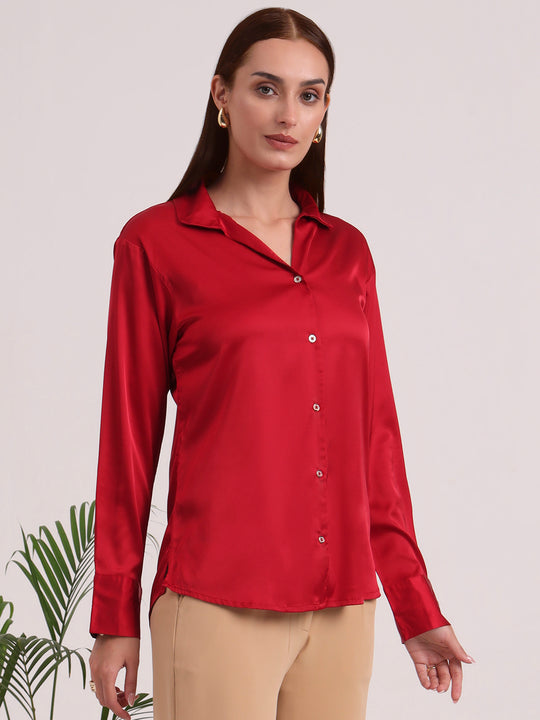Women's European Satin Spread Collar Shirt