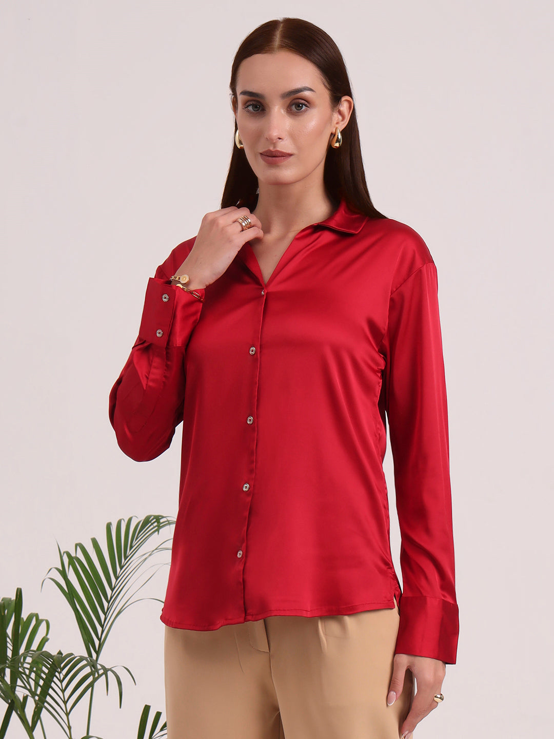 Women's European Satin Spread Collar Shirt