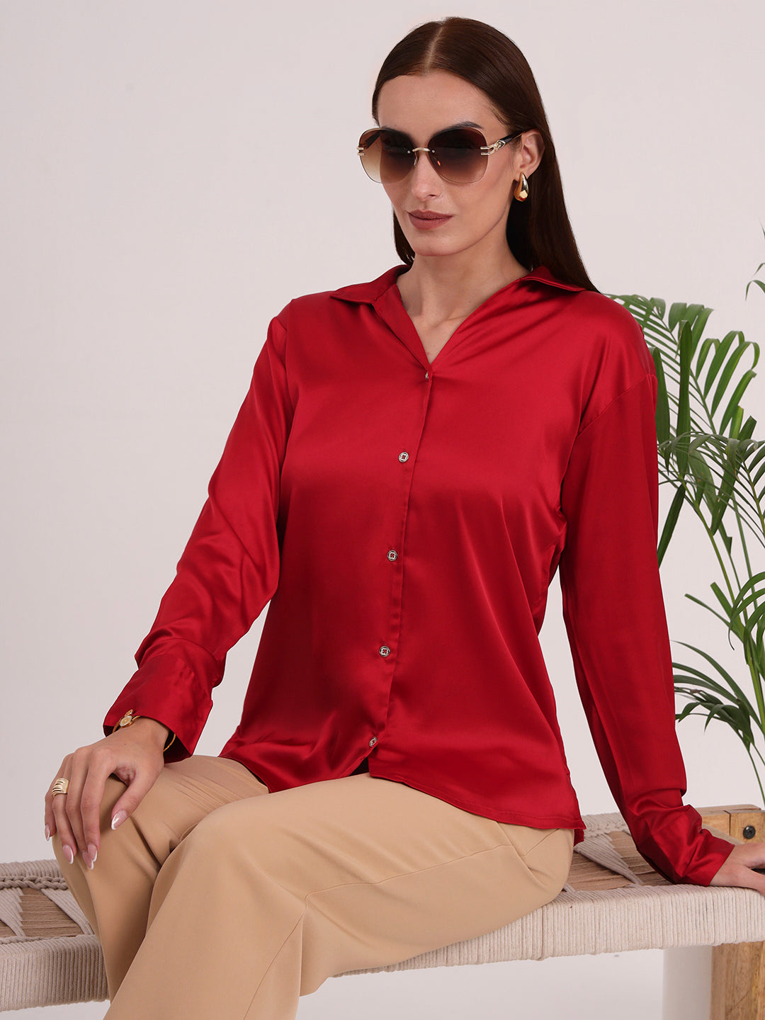 Women's European Satin Spread Collar Shirt