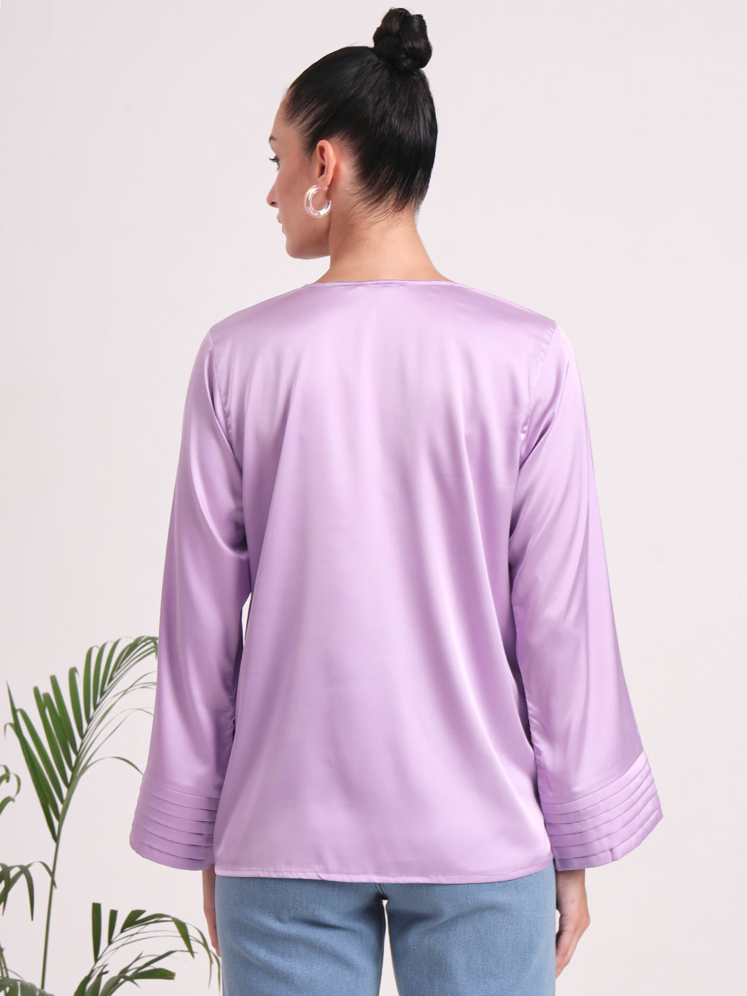 Women's European Satin V Neck Long Sleeve Top