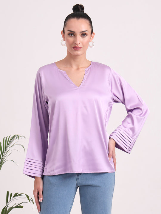 Women's European Satin V Neck Long Sleeve Top