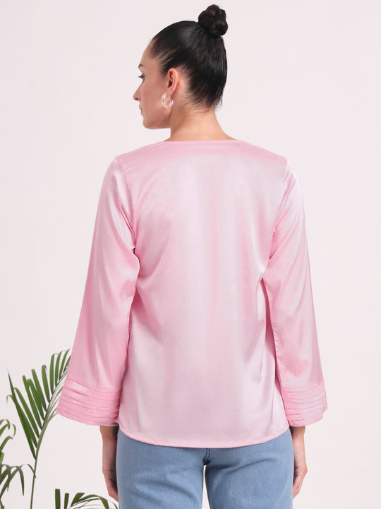 Women's European Satin V Neck Long Sleeve Top