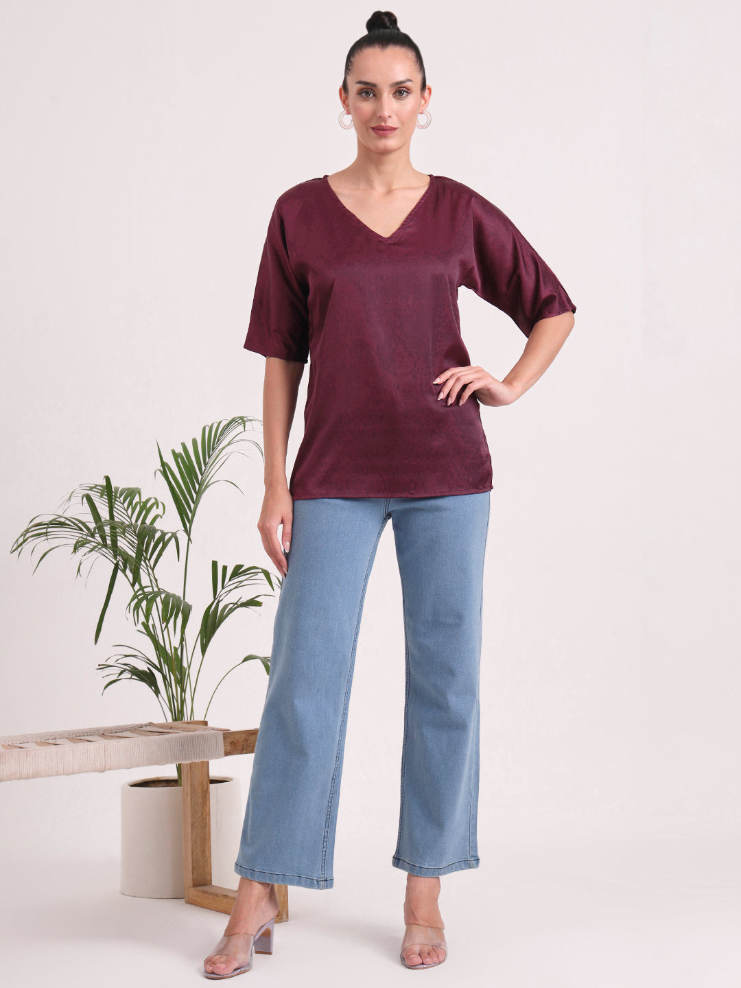 Women's  European Satin-Finish, V-Neck Top