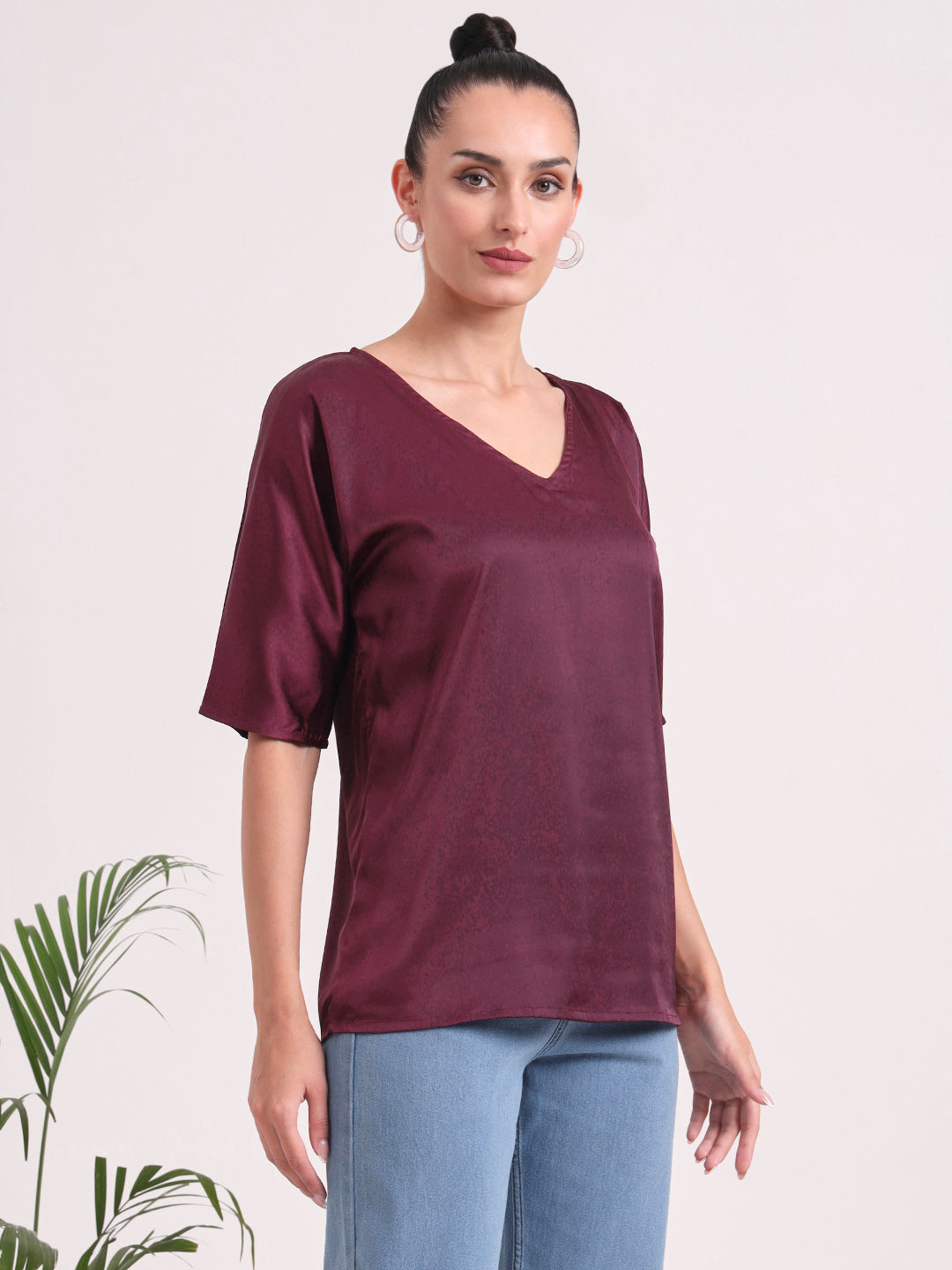 Women's  European Satin-Finish, V-Neck Top