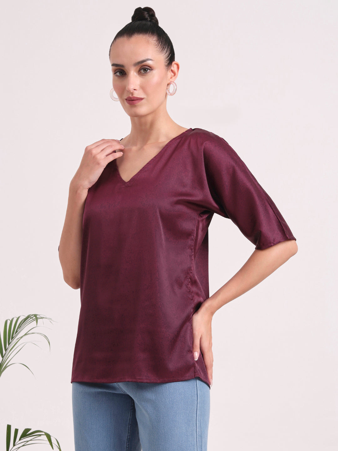 Women's  European Satin-Finish, V-Neck Top