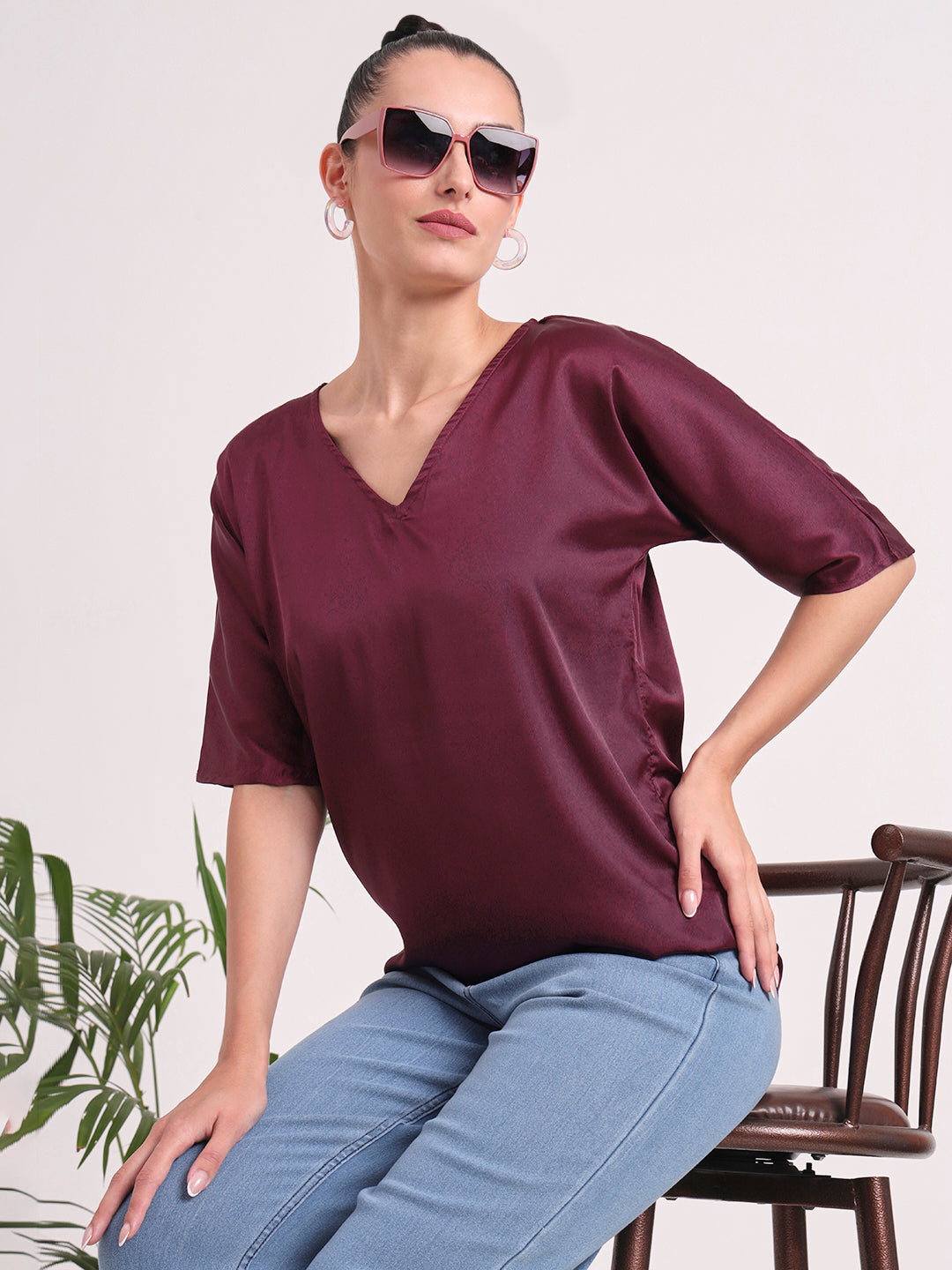 Women's  European Satin-Finish, V-Neck Top