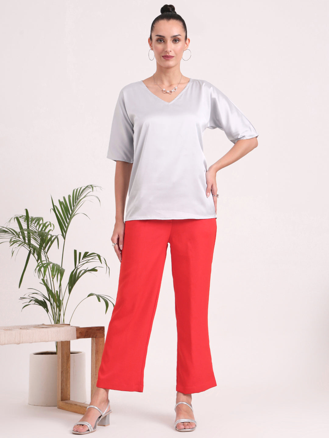 Women's  European Satin-Finish, V-Neck Top