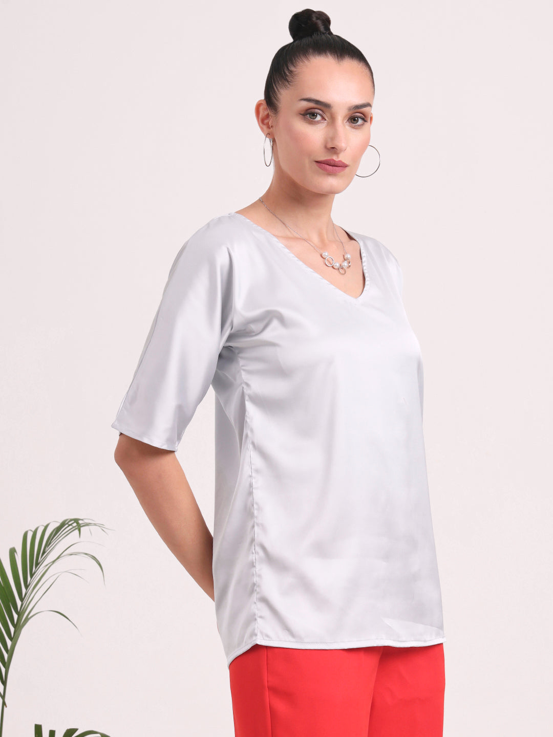 Women's  European Satin-Finish, V-Neck Top