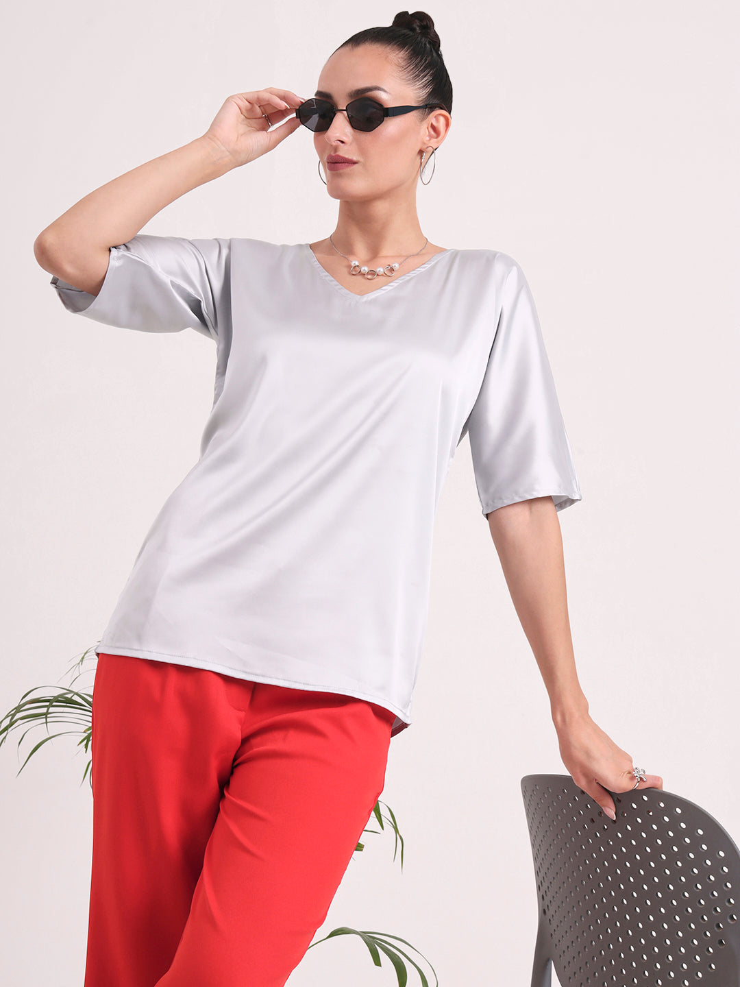 Women's  European Satin-Finish, V-Neck Top