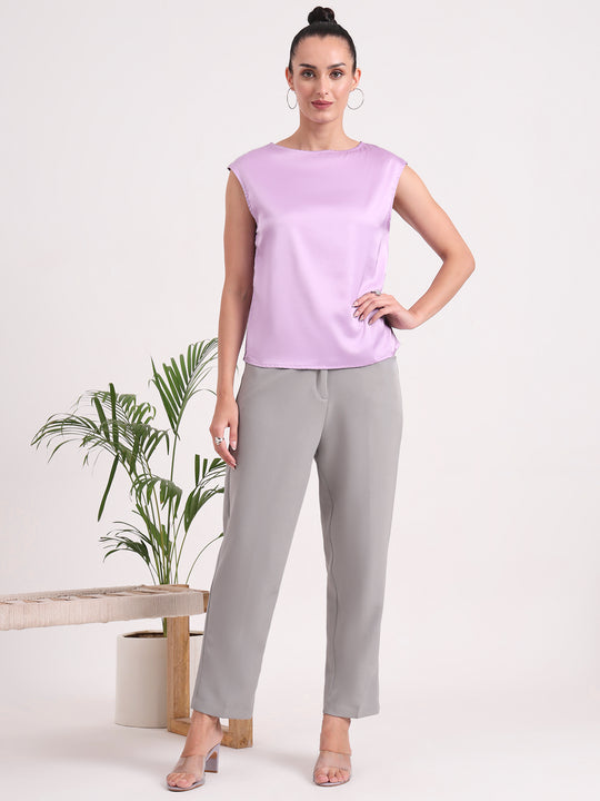 Women's European Satin Solid Crew Neck Top