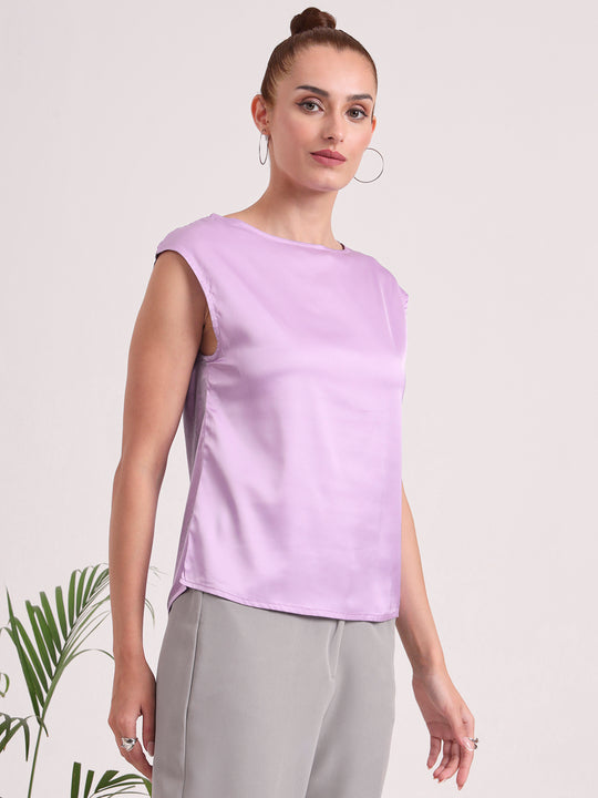 Women's European Satin Solid Crew Neck Top