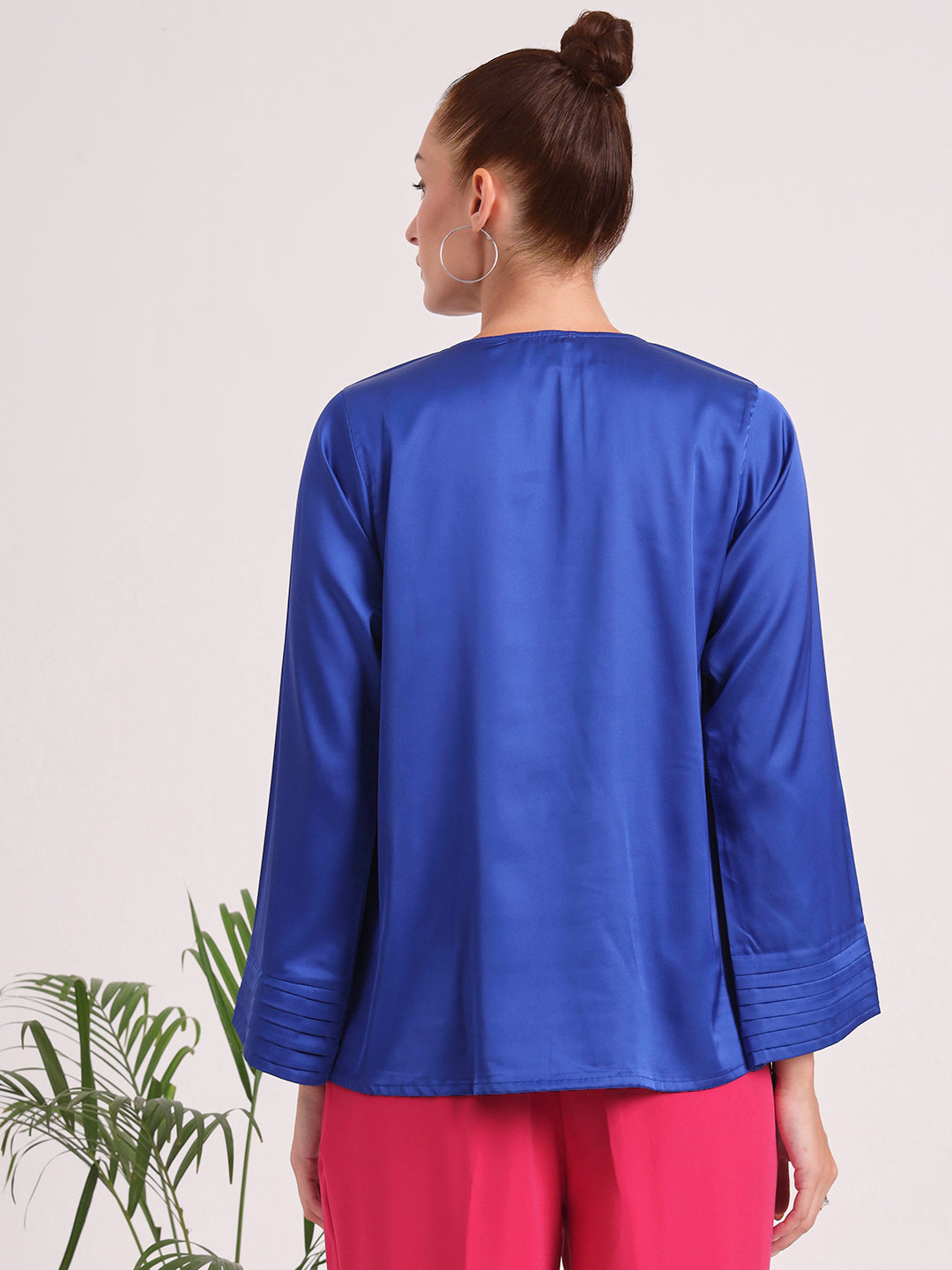 Women's European Satin V Neck Long Sleeve Top