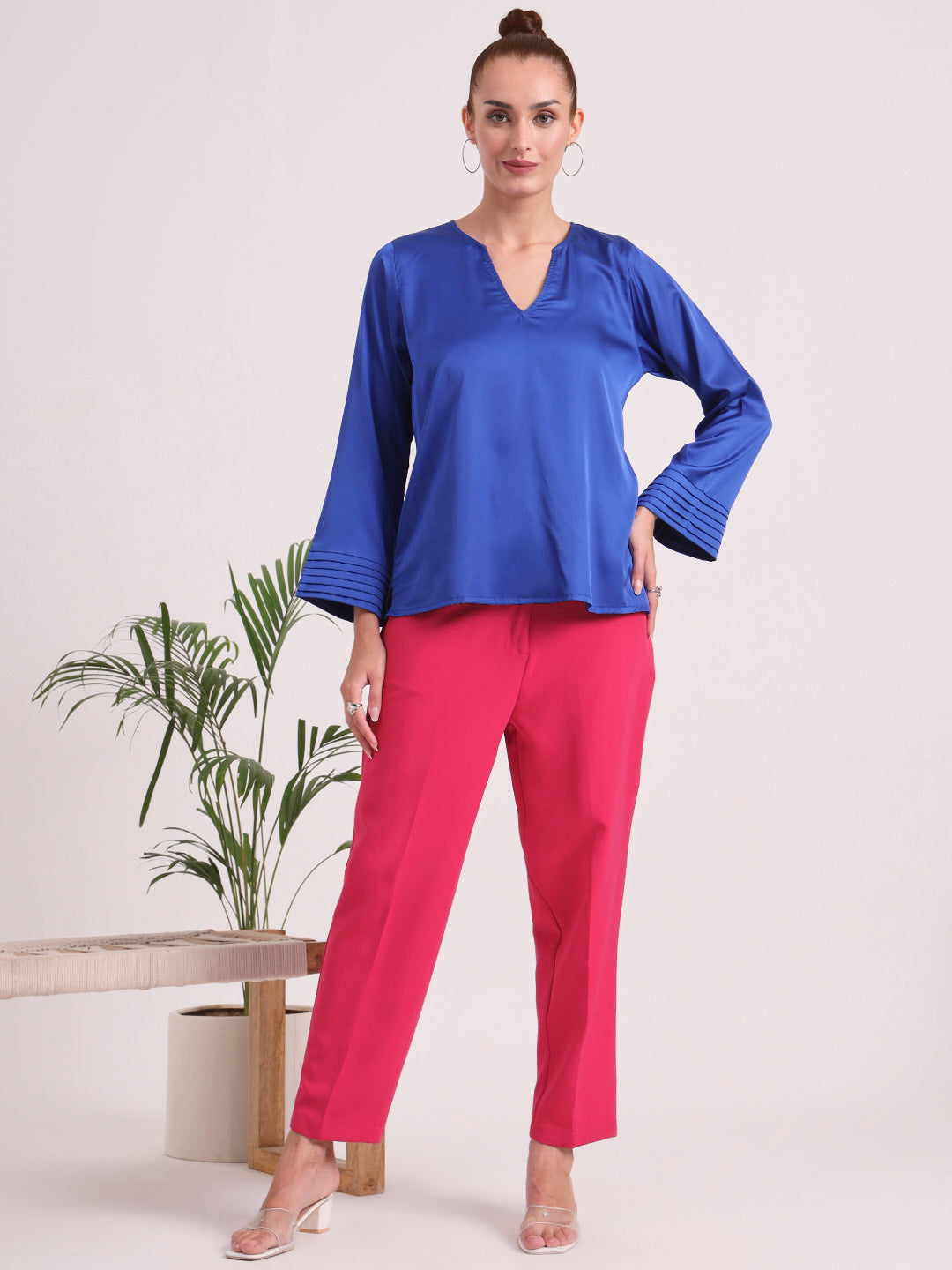 Women's European Satin V Neck Long Sleeve Top