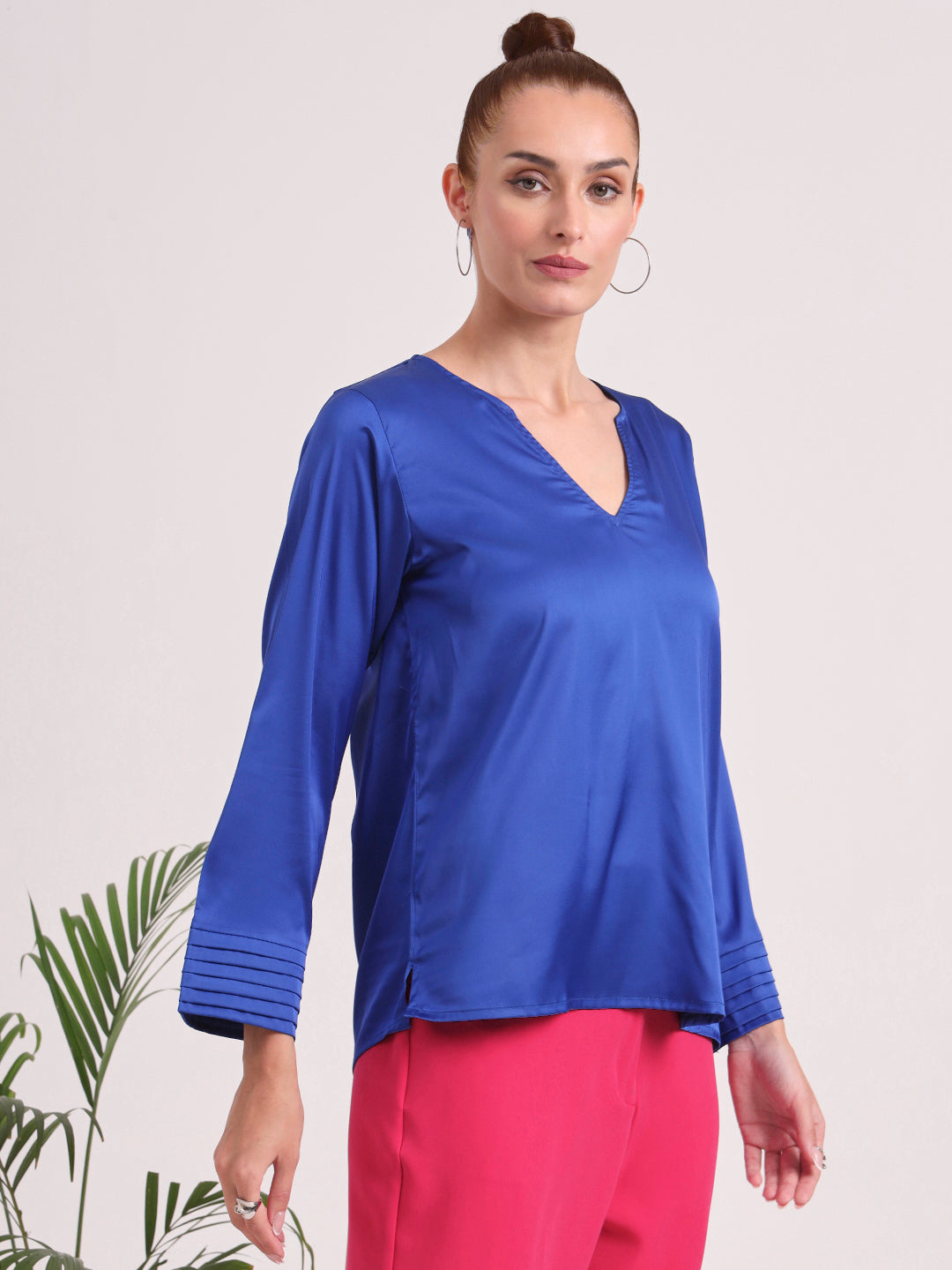 Women's European Satin V Neck Long Sleeve Top