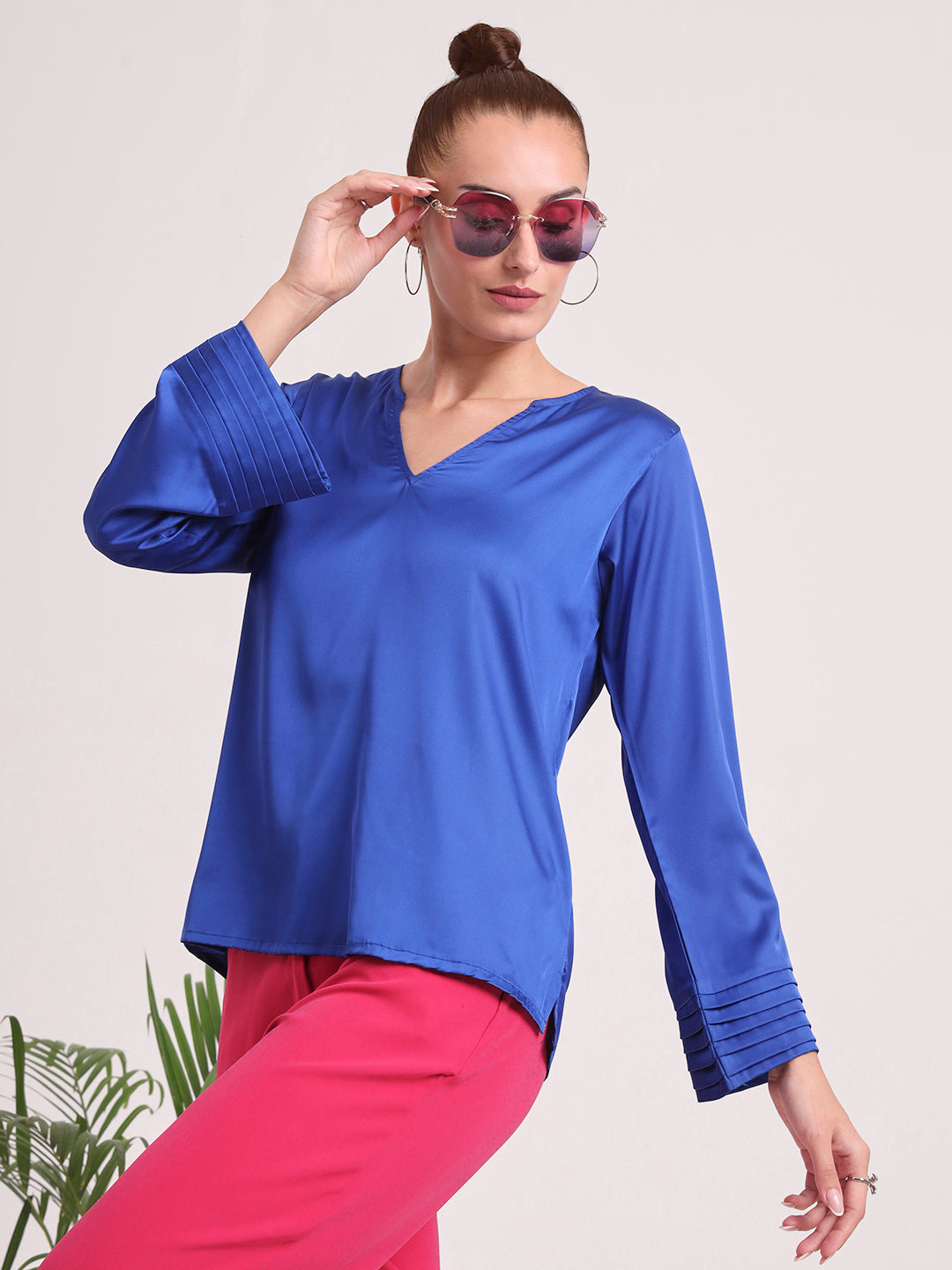 Women's European Satin V Neck Long Sleeve Top
