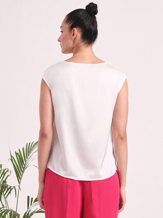 Women's European Satin Solid Crew Neck Top