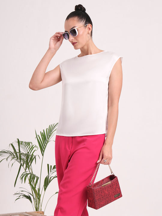 Women's European Satin Solid Crew Neck Top
