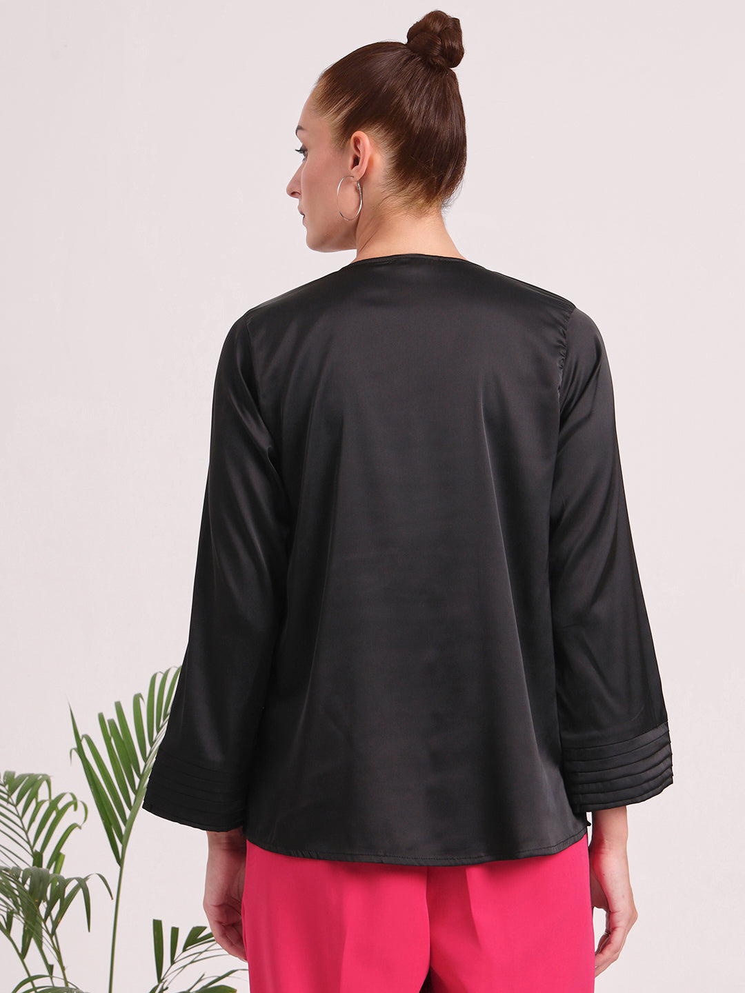 Women's European Satin V Neck Long Sleeve Top
