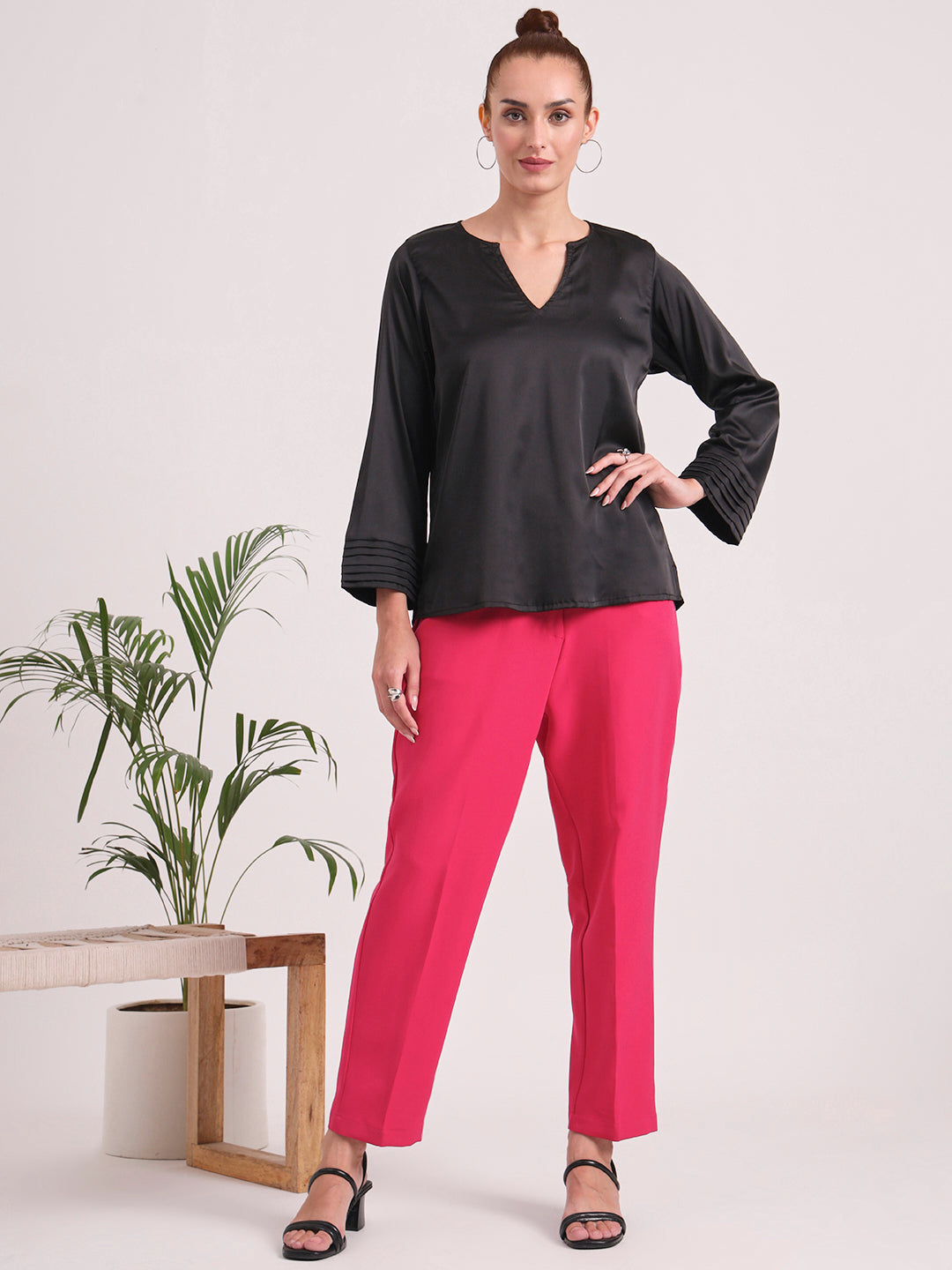 Women's European Satin V Neck Long Sleeve Top