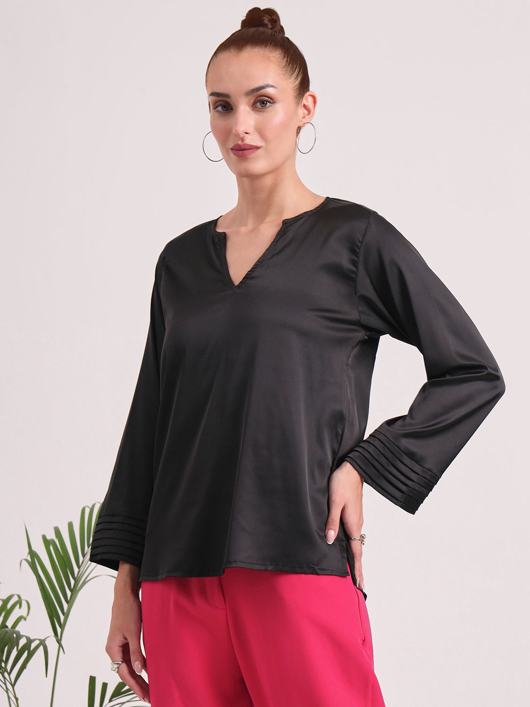 Women's European Satin V Neck Long Sleeve Top