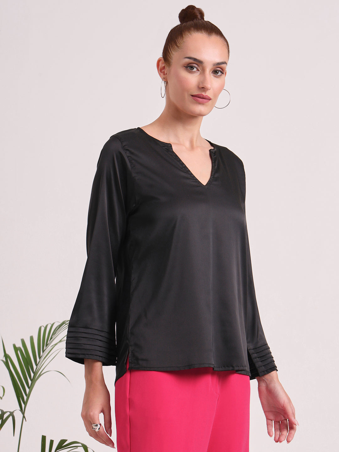 Women's European Satin V Neck Long Sleeve Top
