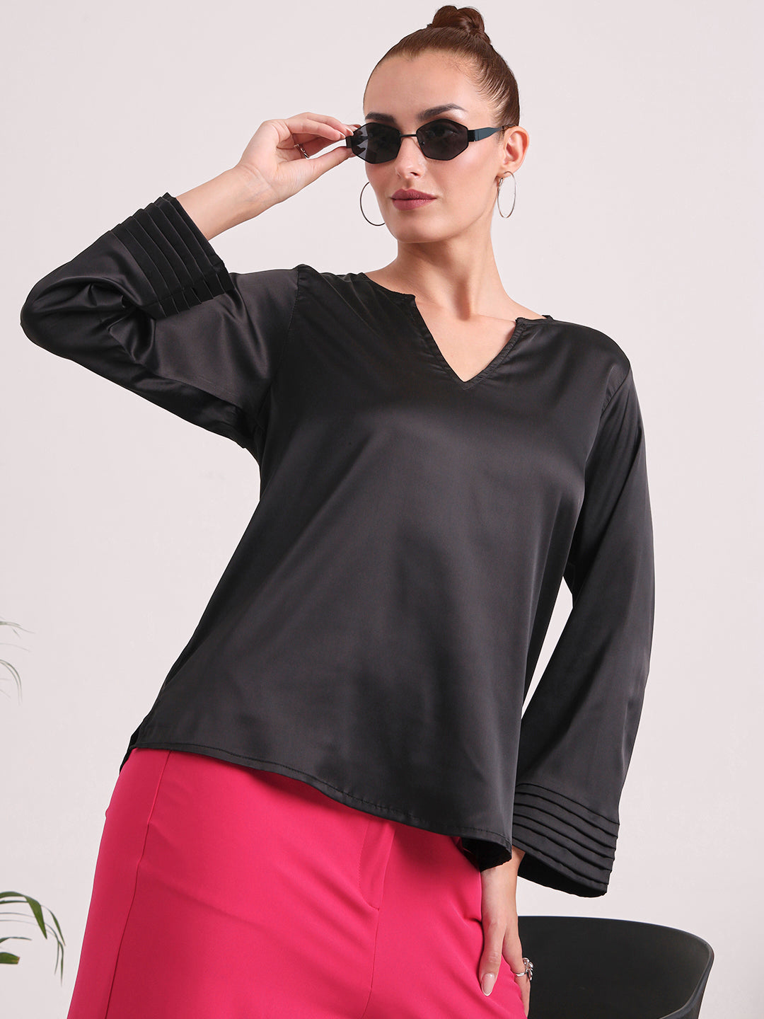 Women's European Satin V Neck Long Sleeve Top