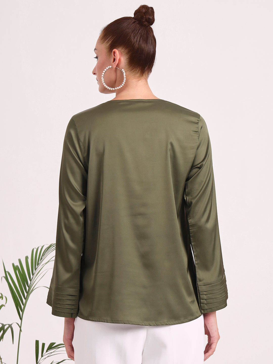 Women's European Satin V Neck Long Sleeve Top