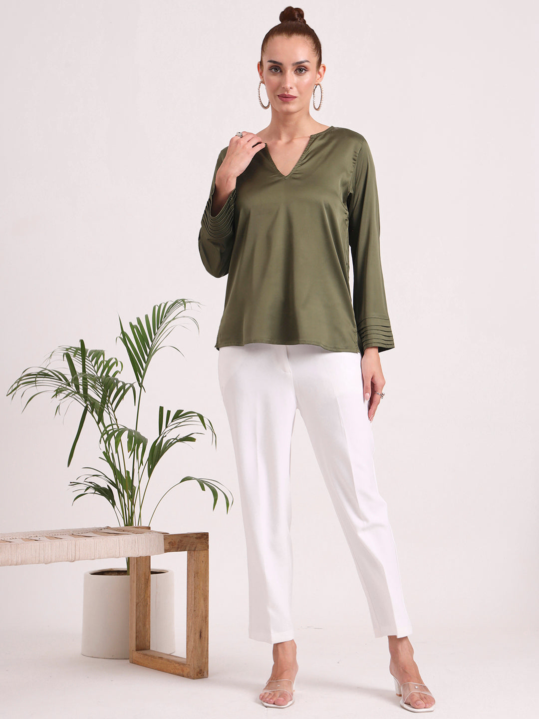 Women's European Satin V Neck Long Sleeve Top