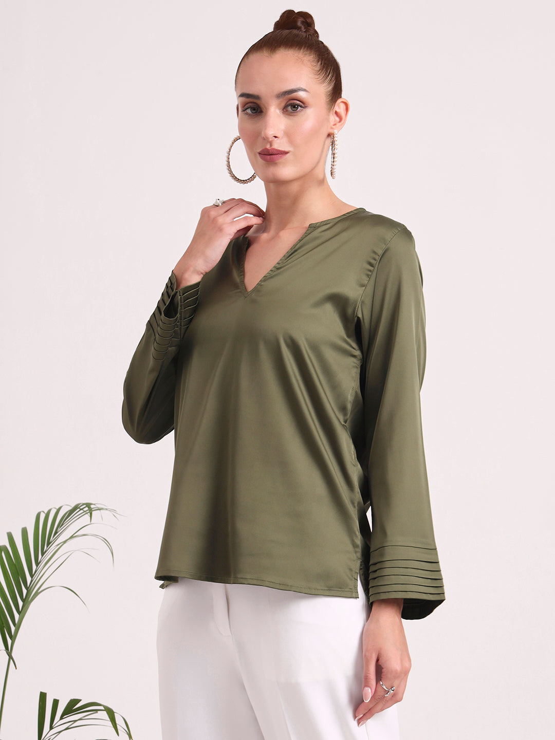 Women's European Satin V Neck Long Sleeve Top