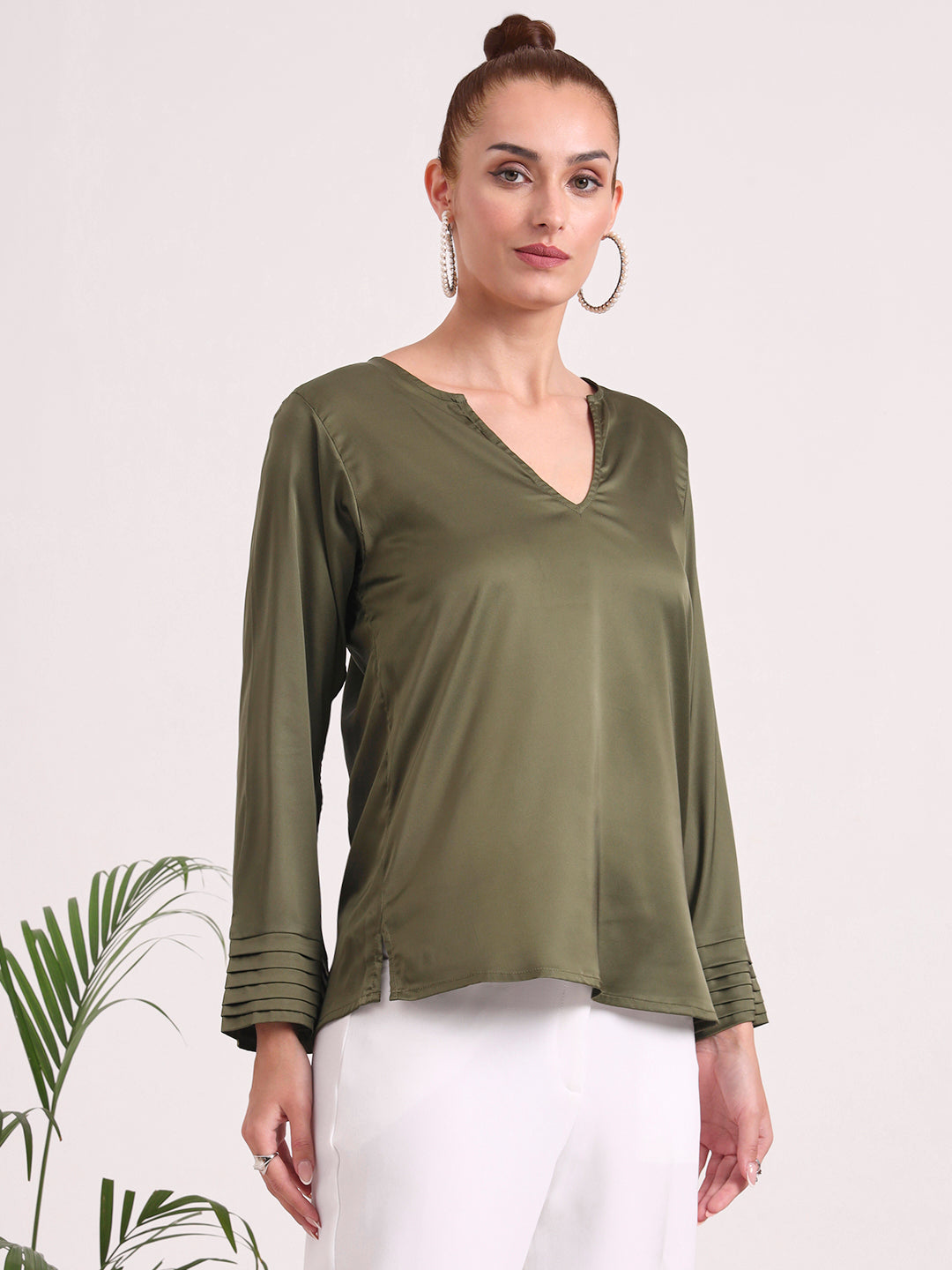 Women's European Satin V Neck Long Sleeve Top