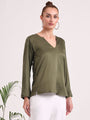 Women's European Satin V Neck Long Sleeve Top