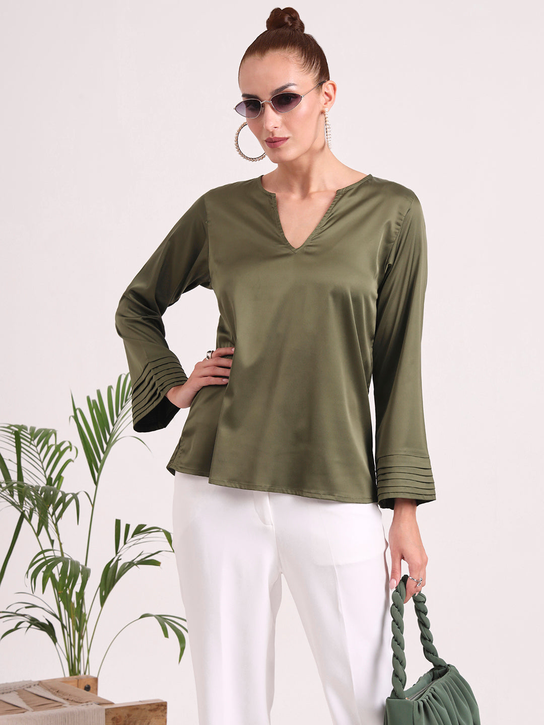 Women's European Satin V Neck Long Sleeve Top