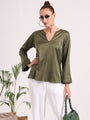 Women's European Satin V Neck Long Sleeve Top